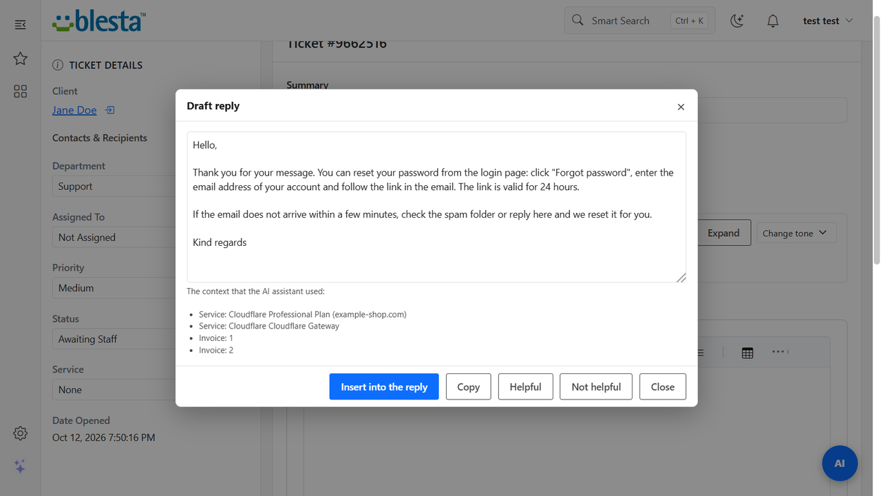 A ticket in the Blesta admin with the AI toolbar and a draft reply window that lists the knowledge base articles and services it used