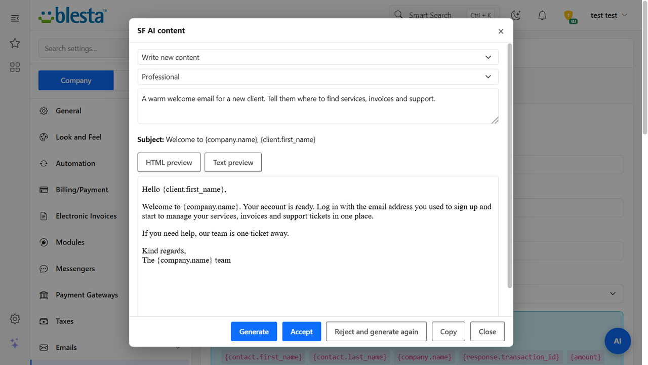 The AI content window on an email template: the generated subject and HTML preview with the buttons Accept, Reject and Copy