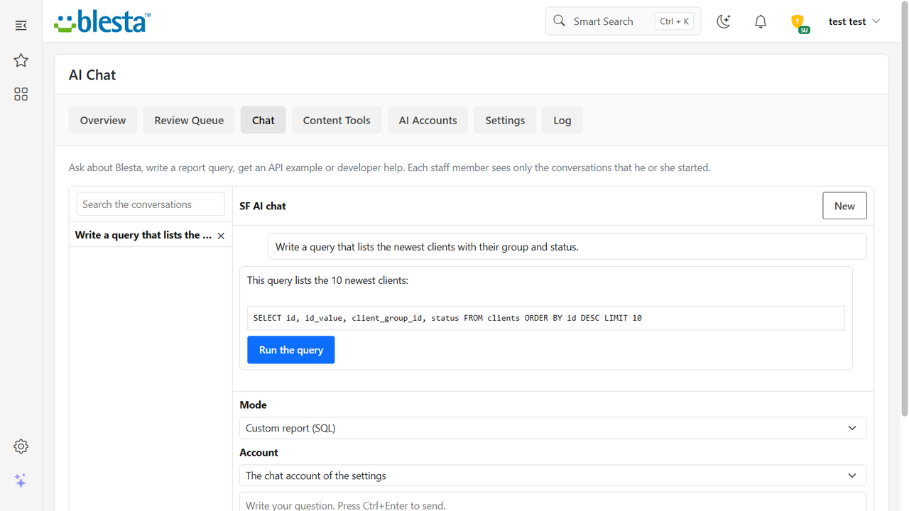 The AI chat page in the Blesta admin with a report query in a code block and the button to run it