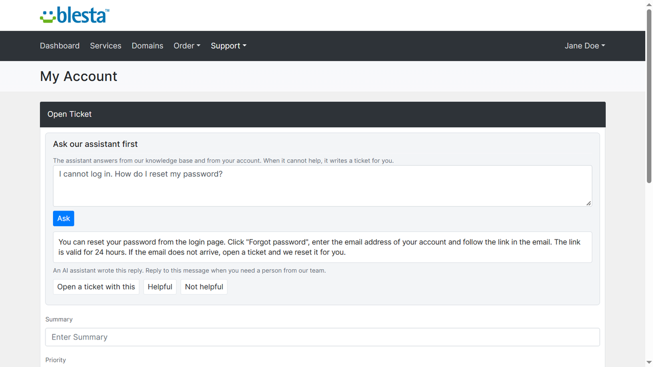 The client ticket form with the pre-support bot answering from a knowledge base article and the client's service
