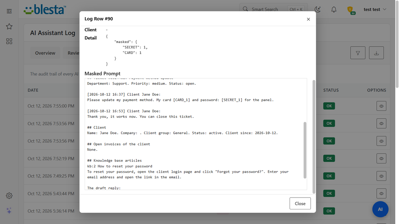 The audit log in the Blesta admin with the detail window of a call: tokens, cost, duration and the masked prompt