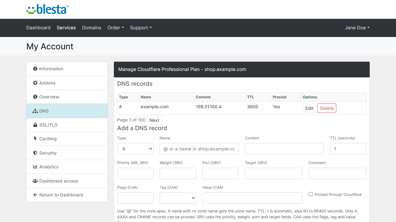 DNS tab in the Blesta client area: the DNS records of the zone with the type, name, content, TTL and proxy state, and the form to add a record
