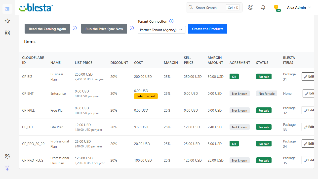 Cloudflare catalog in the Blesta admin: the zone plans with the list price, the partner discount, the cost, the margin, the sell price and the margin amount, and the buttons Read the Catalog Again, Run the Price Sync Now and Create the Products