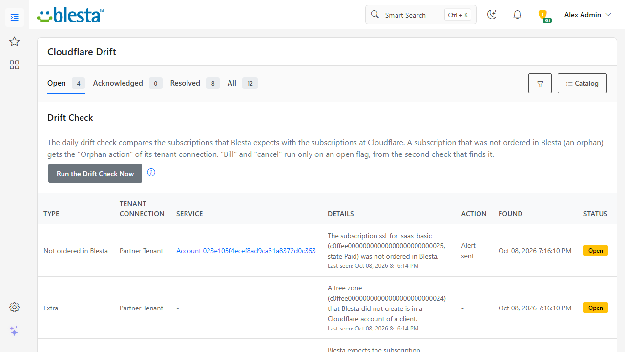 Cloudflare drift page in the Blesta admin: a subscription that was not ordered in Blesta and a free zone outside Blesta, with the action taken