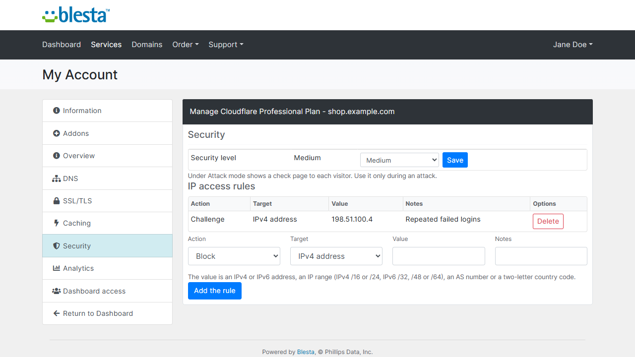 Security tab in the Blesta client area: the security level and the IP access rules with the form to add a rule