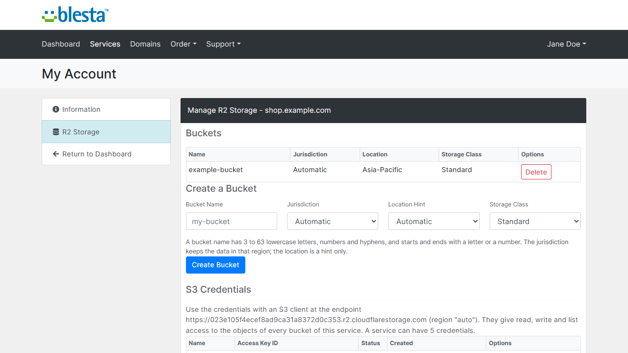 R2 Storage tab in the Blesta client area: the buckets, the form to create a bucket and the S3 credentials