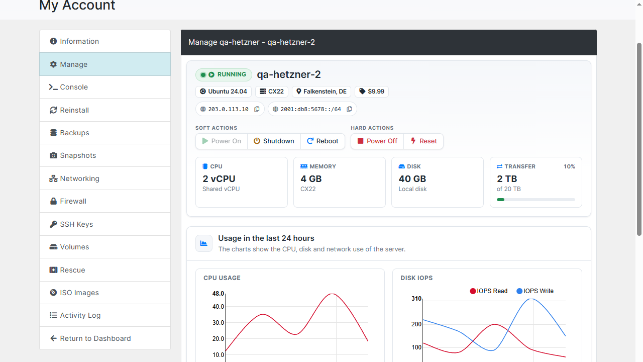 Manage tab in the Blesta client area: the server card with its state and IP addresses, the power buttons, the resource tiles and the live CPU, disk and network charts
