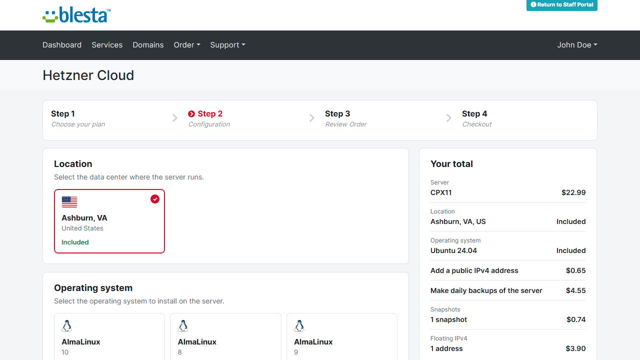 Blesta order form in the Hetzner Cloud Console style: the location card with the flag of the United States, the operating system cards and the Your total panel with the server, the public IPv4 address, backups, a snapshot and a floating IPv4 address