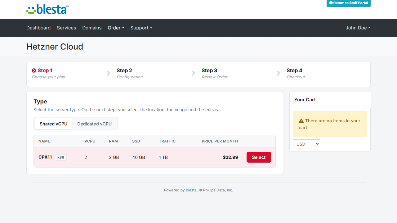 Order form step 1: a table of the Hetzner server types with vCPU, RAM, SSD, traffic and the monthly price, with the tabs Shared vCPU and Dedicated vCPU