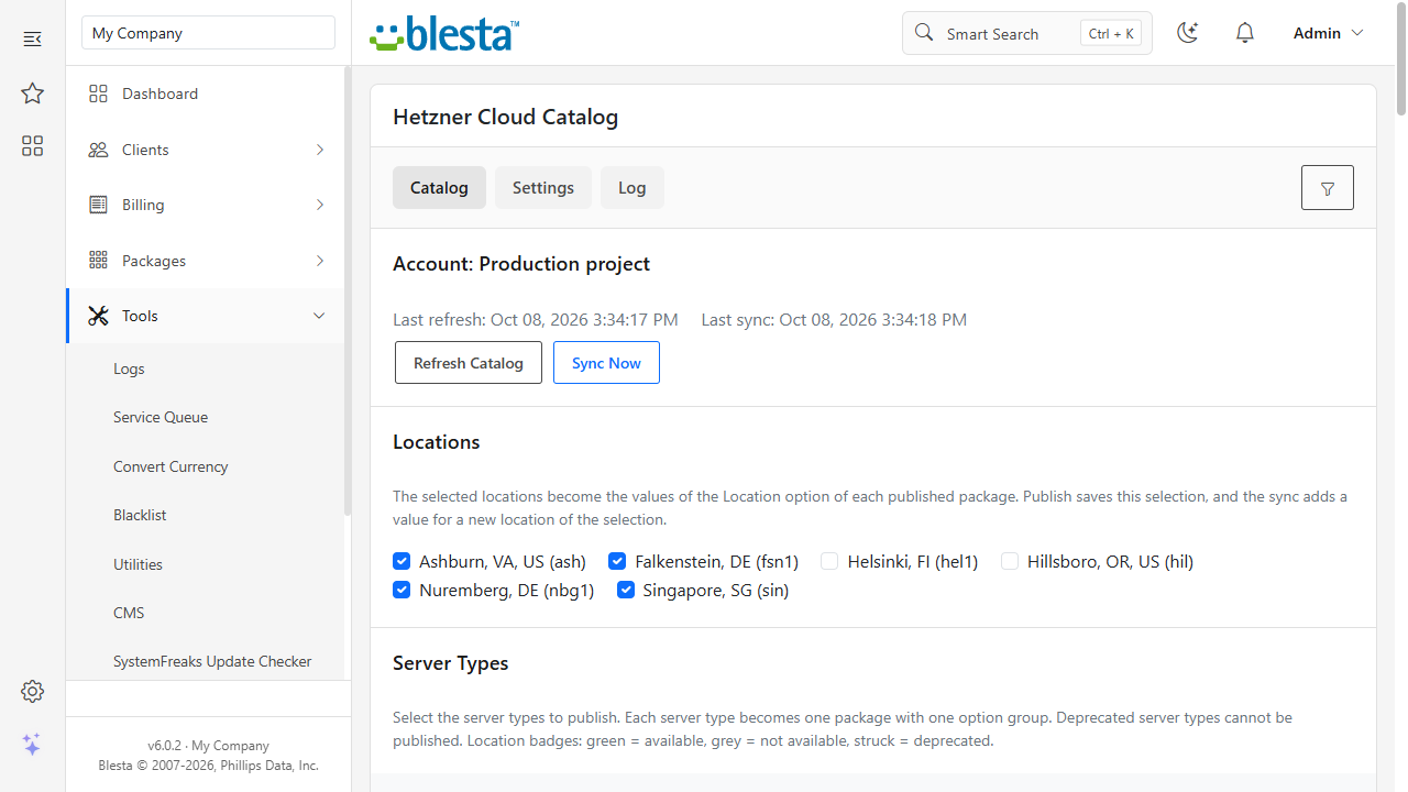 Catalog page of the plugin in the Blesta admin: the account, the last refresh and sync, the location check boxes and the server type table
