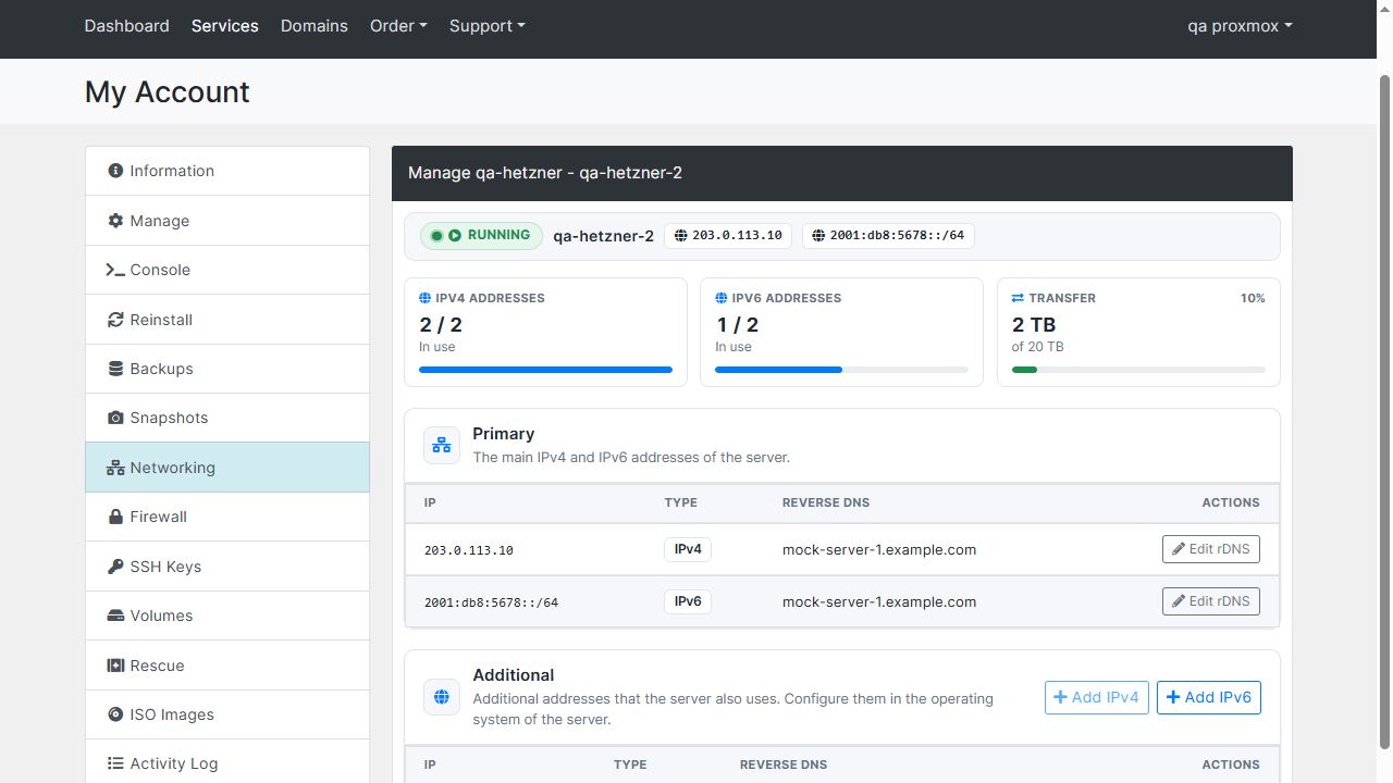 Networking tab in the Blesta client area: the IPv4, IPv6 and transfer tiles, the primary addresses with reverse DNS and the additional addresses