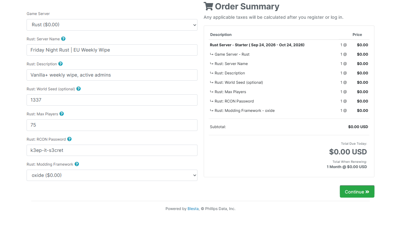 Blesta order form: the customer picks Rust and fills in its server name, description, world seed, player slots, RCON password and modding framework