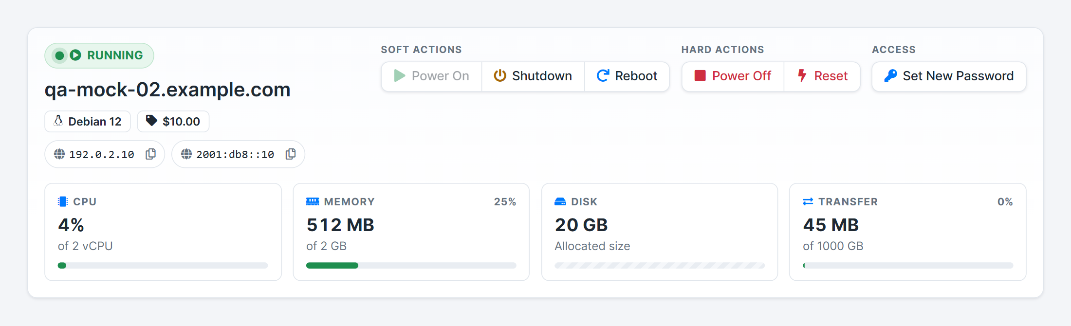 Server card on the Blesta Manage tab: running state, IP addresses with copy buttons, power buttons, password reset and live CPU, memory, disk and traffic