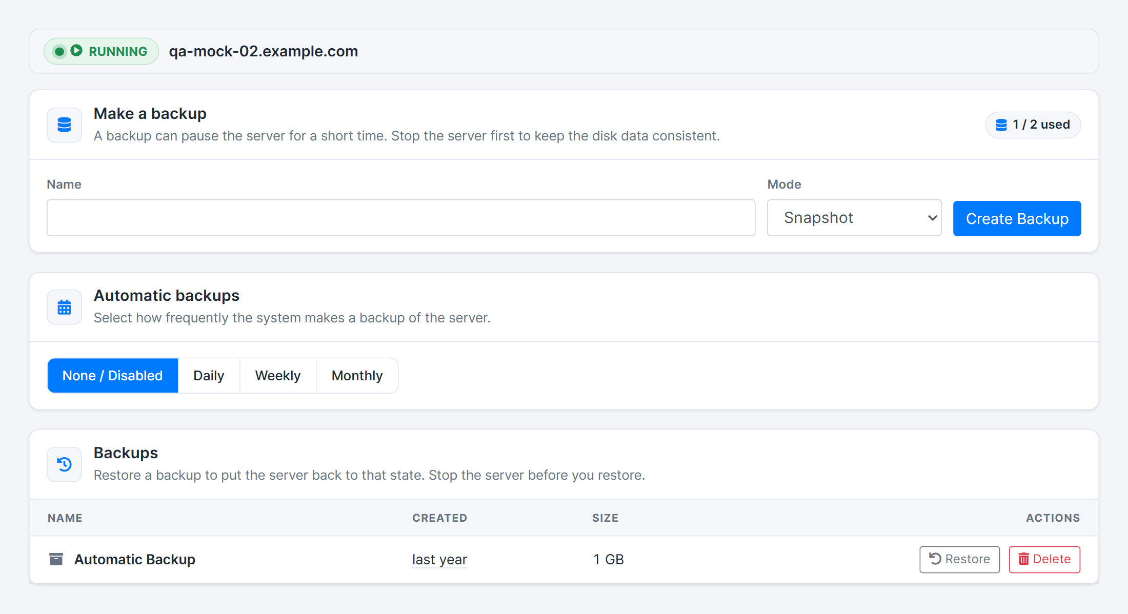 Backups tab in the Blesta client area: backup form with a 1 of 2 used counter, automatic schedule buttons and a backup list with restore and delete buttons