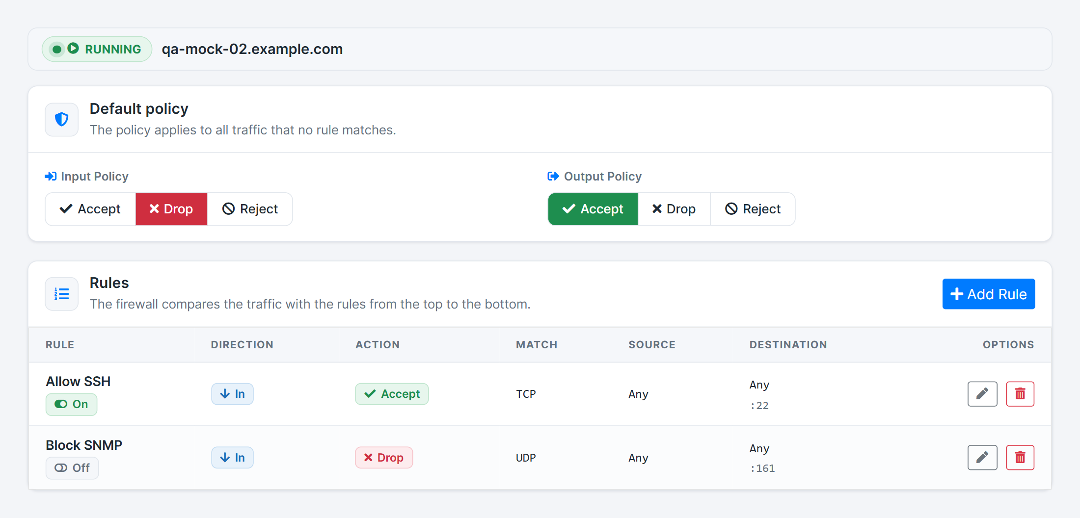 Firewall tab: input and output policy buttons, and a rule list with direction and action badges