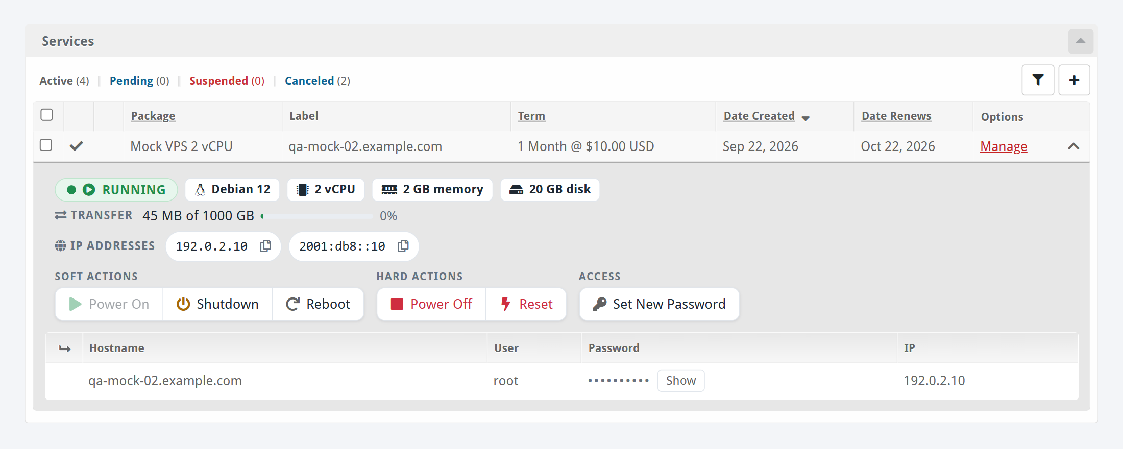 Service row on the Blesta admin client profile: state, resources, IP addresses, power buttons, password reset and a hidden password with a Show button