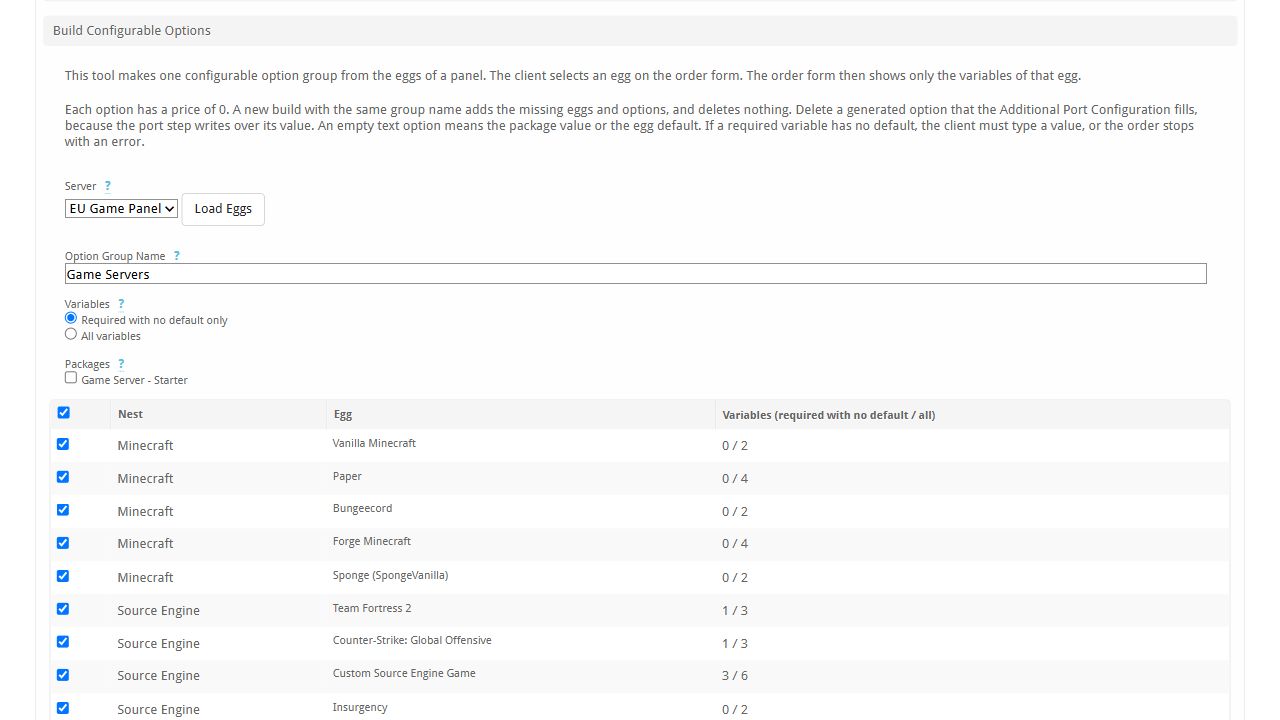 Build Configurable Options on the module's Manage page: panel, group name, variable mode, packages and the list of eggs