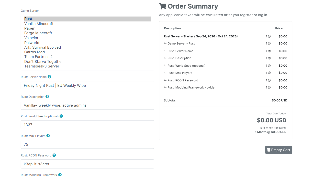 Order form with one Game Server list for every game in the package: Rust, Minecraft, Valheim, Palworld, ARK and more