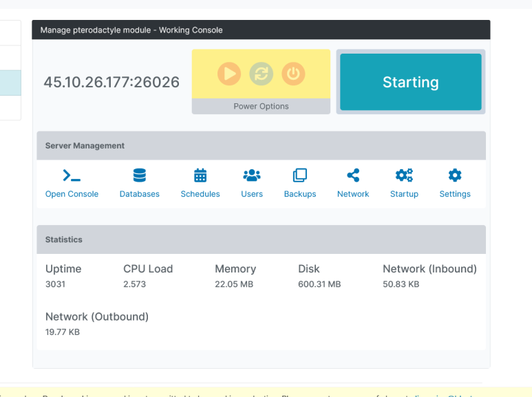Client dashboard: power options, server management and live statistics inside Blesta