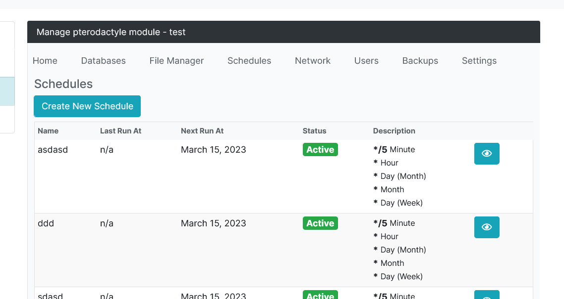 Schedules tab: create cron-style schedules for the game server
