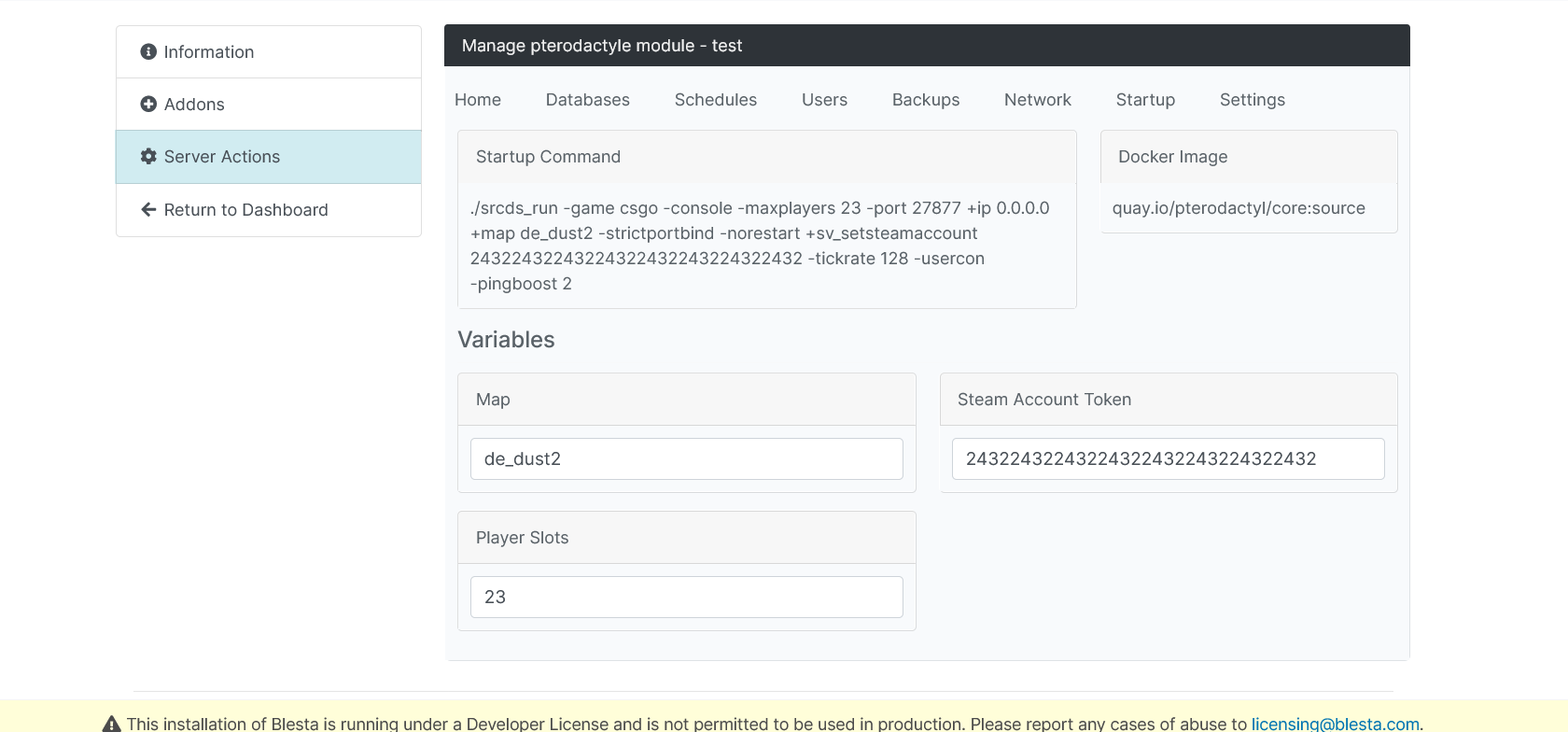Startup tab: startup command, Docker image and editable variables (map, slots, tokens)