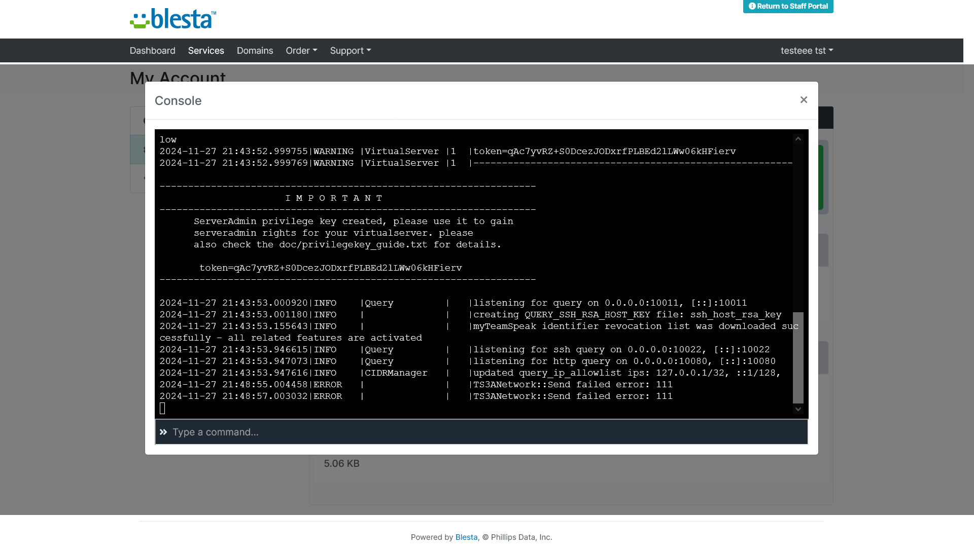 Real-time server console with live log output and a command input, inside Blesta