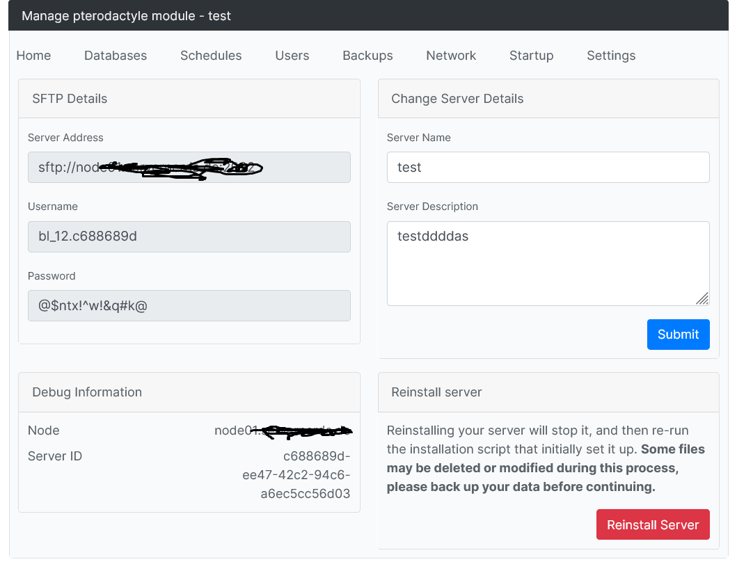 Settings tab: SFTP details, server rename and reinstall