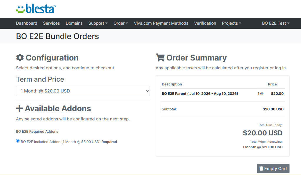 A required addon pre-selected on the Blesta order form by Bundle Orders