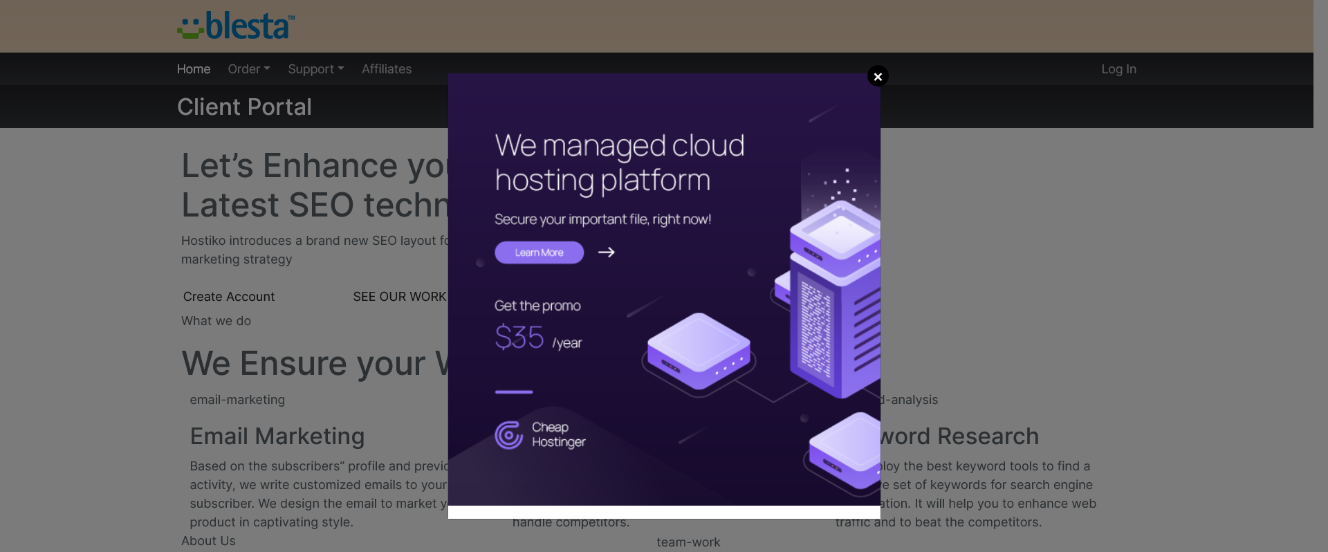 A promotional pop-up displayed over the Blesta client portal