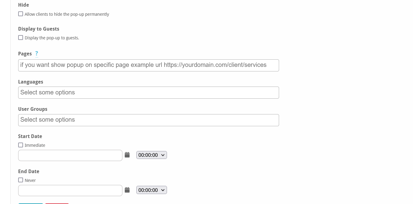 Admin pop-up settings: page, language, user-group targeting and start/end scheduling