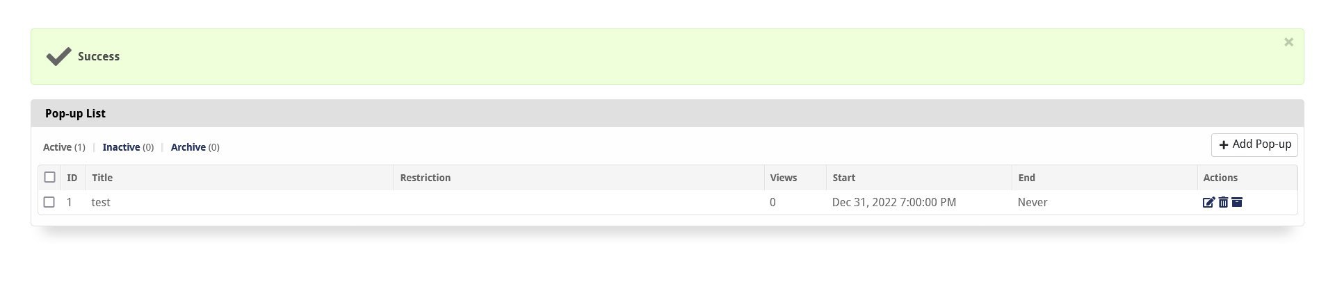 Admin Pop-up List with view counts and Active / Inactive / Archive states
