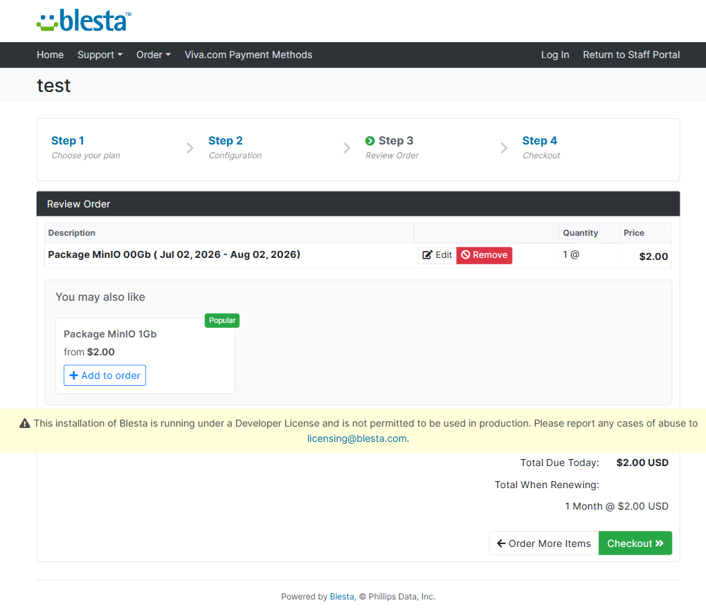 A “You may also like” cross-sell widget on the Blesta order review page