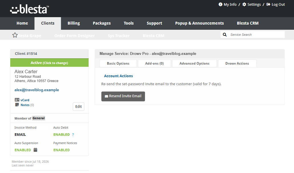 Drowv Actions tab on a Blesta service with the Resend Invite Email button