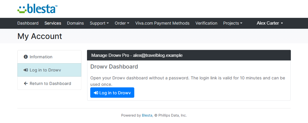 Blesta client area with the Log in to Drowv tab and the one-time login button