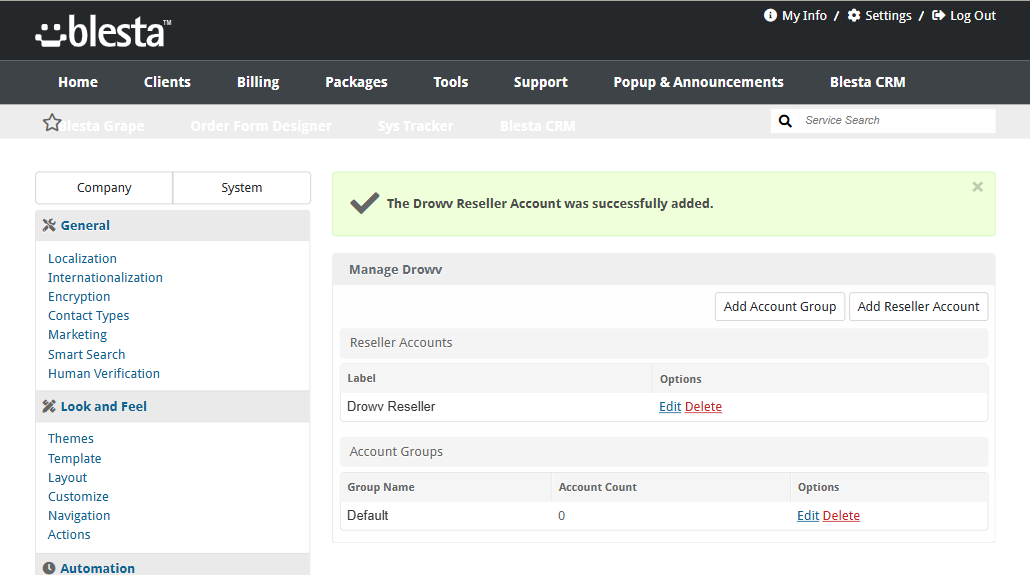 Manage Drowv page in Blesta with a reseller account and an account group