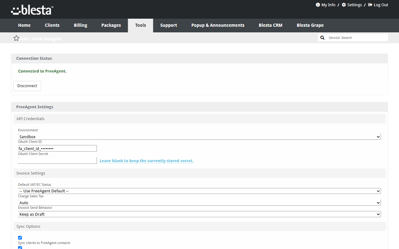 FreeAgent Accounting Sync — settings and OAuth connection in Blesta