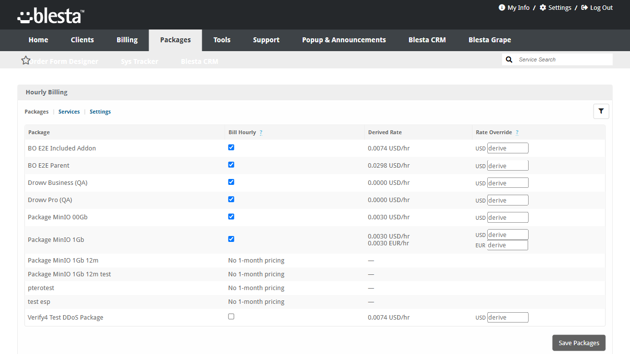 Hourly Billing admin page listing packages with per-currency derived rates and rate overrides