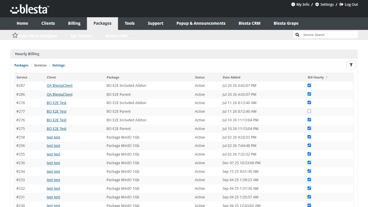 Per-service hourly billing selection with client links, statuses and pagination