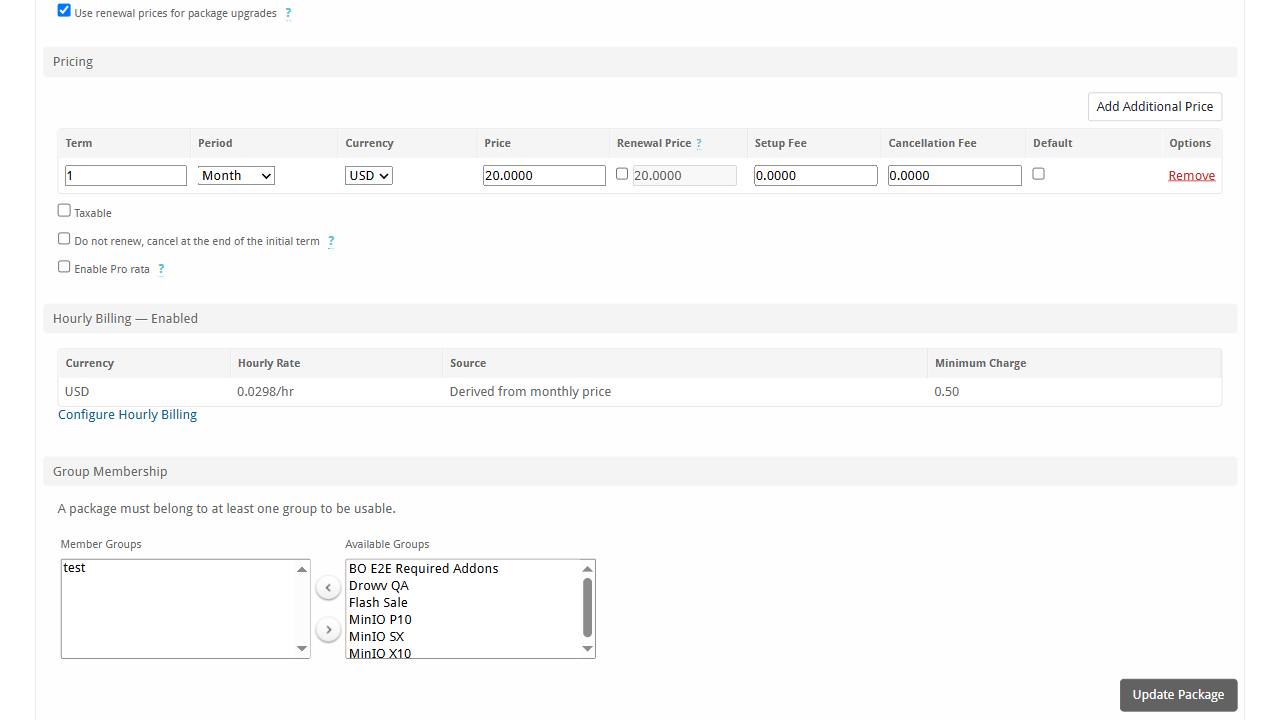Blesta package edit page with an hourly billing summary panel showing the derived rate and minimum charge