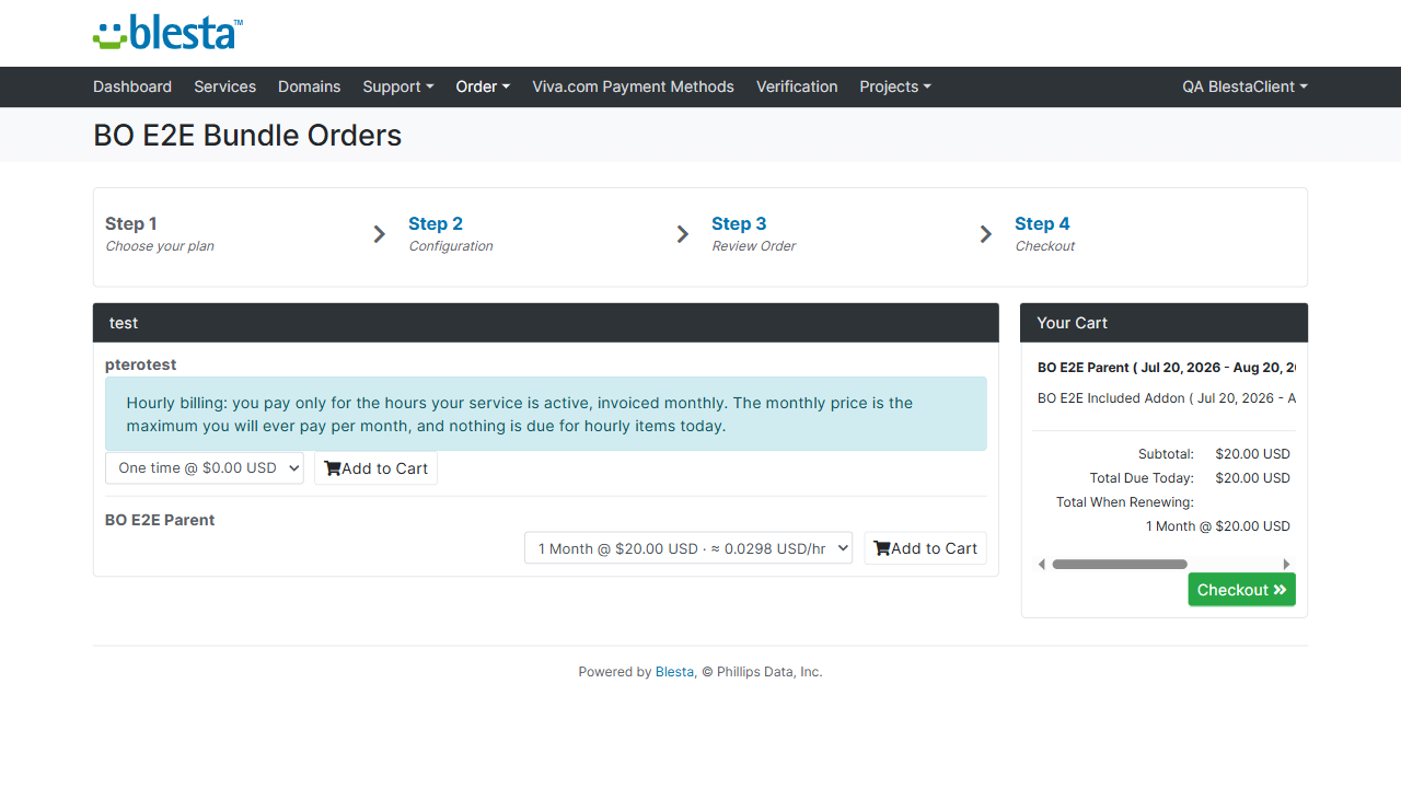 Blesta order form showing an hourly rate next to the monthly price with a pay-per-use banner