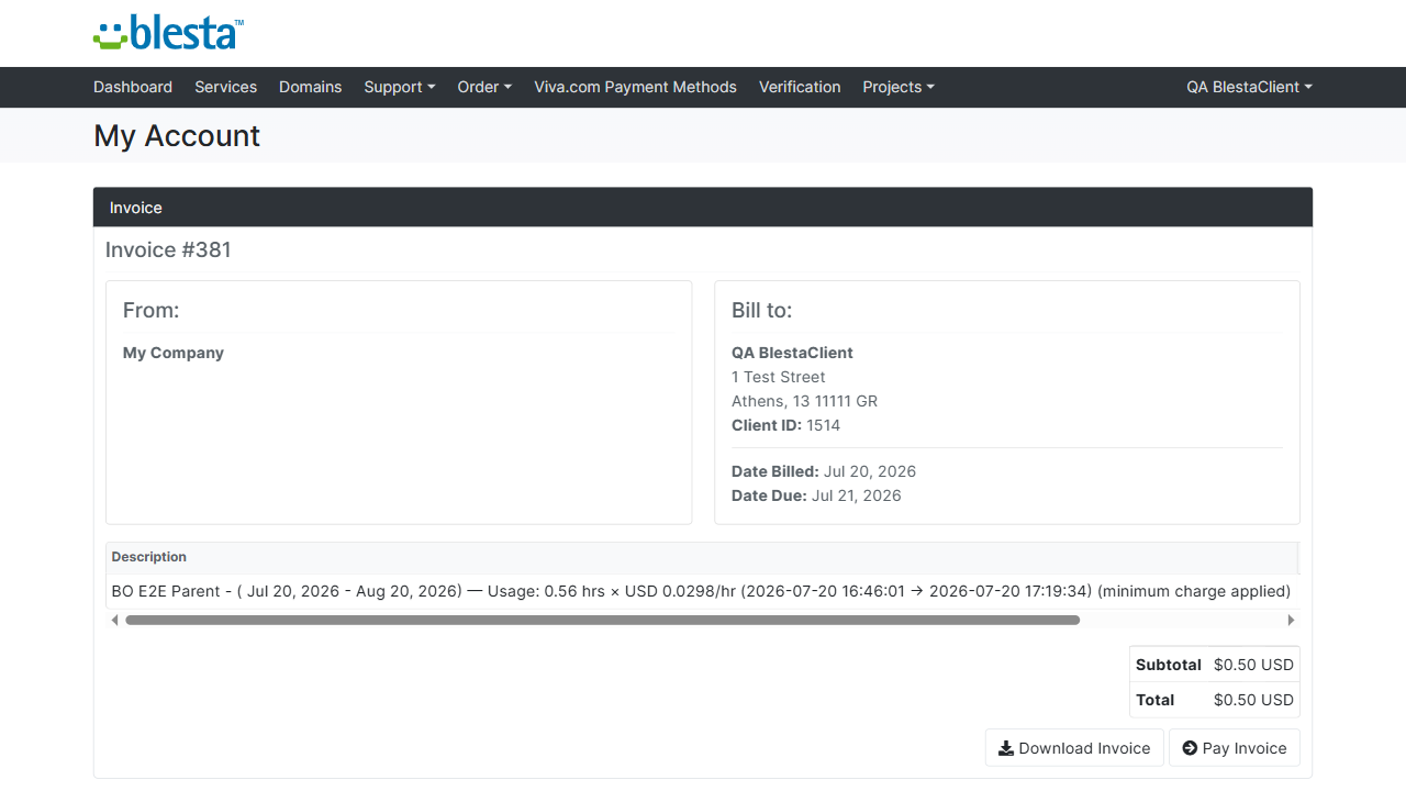 A Blesta invoice billing metered hourly usage with the exact metering window