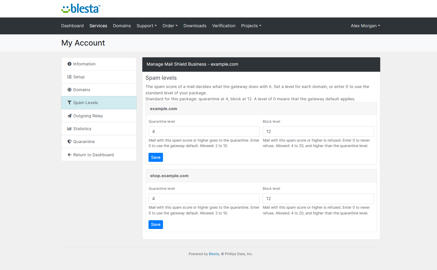 Client Spam Settings tab with the quarantine level and the block level of each domain
