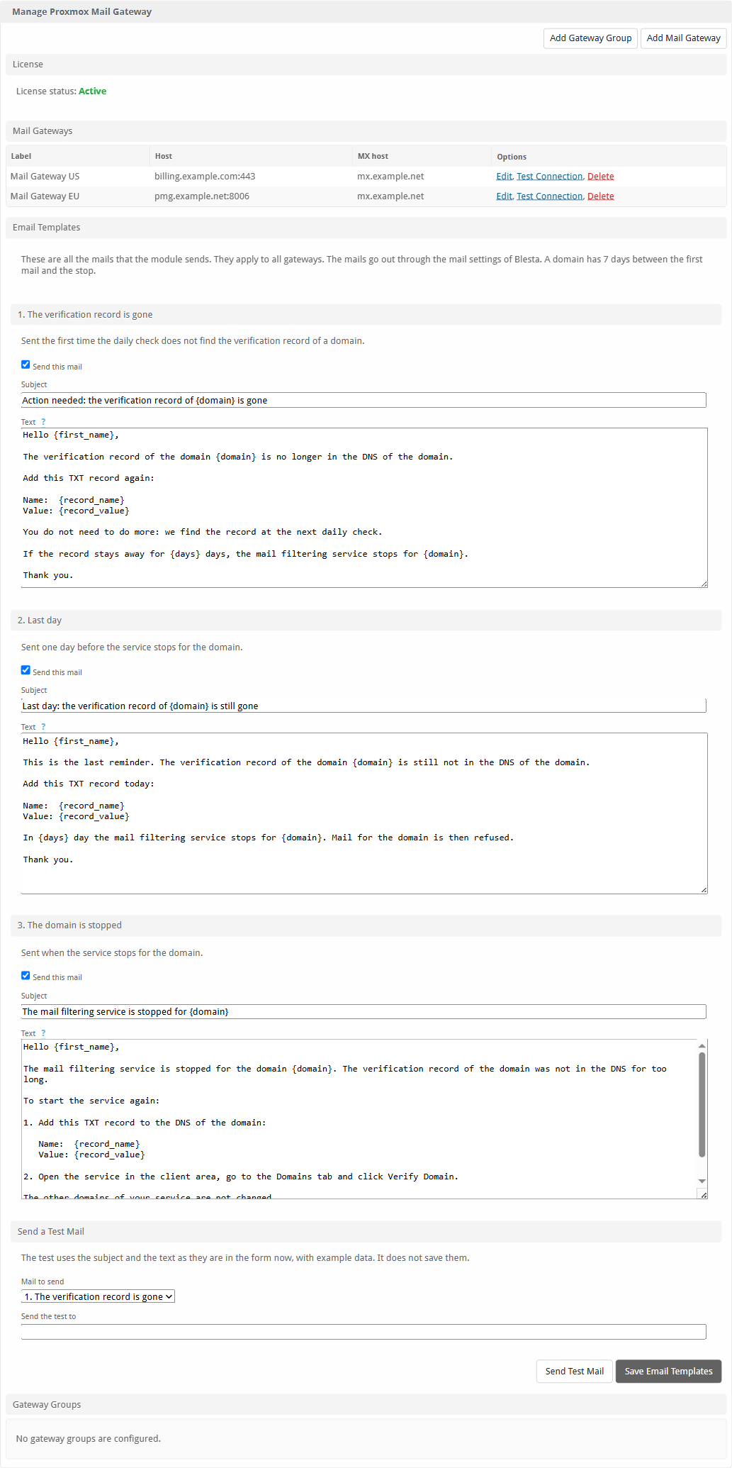 Module page in Blesta with the gateway list, the three email templates and the Send Test Mail block