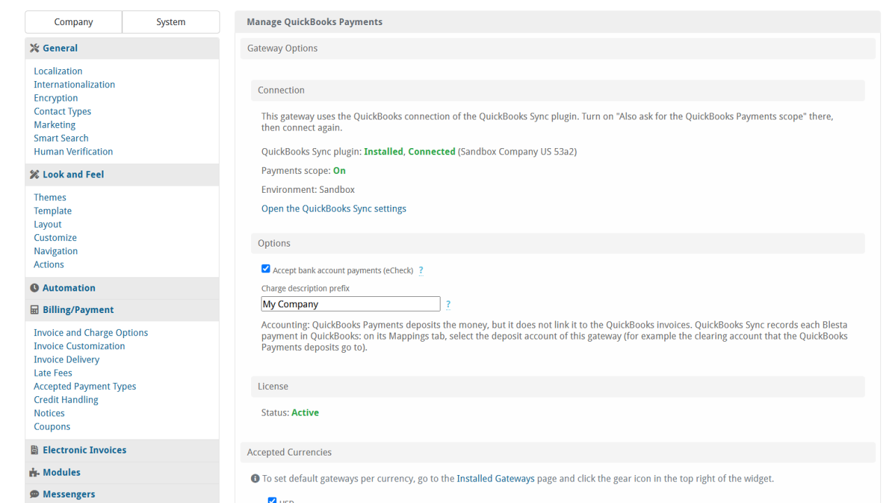 QuickBooks Payments gateway settings in Blesta