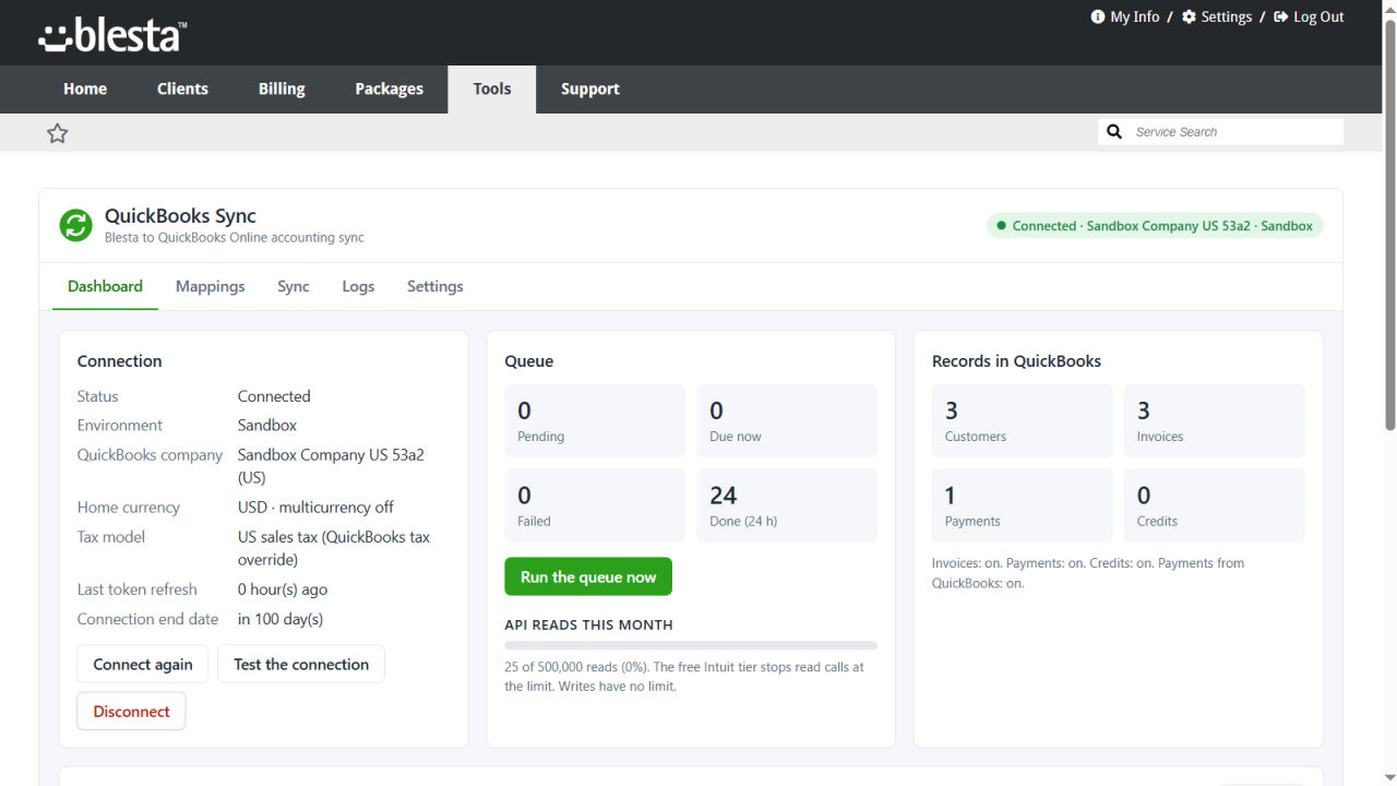 QuickBooks Sync dashboard in Blesta