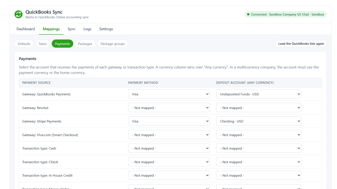 Deposit accounts and payment methods for each gateway and currency