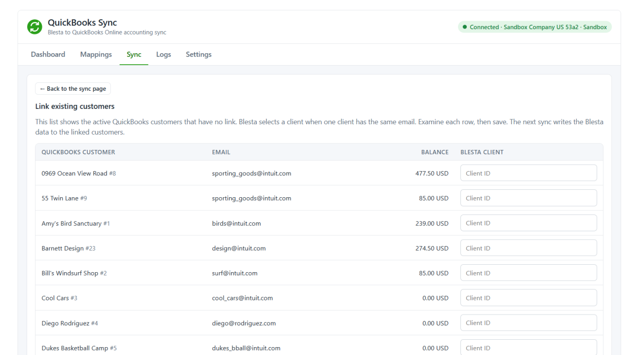 Link existing QuickBooks customers to Blesta clients