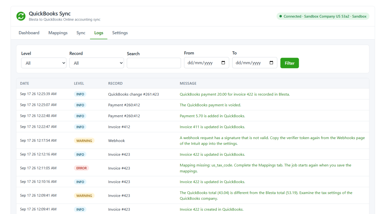 Filterable sync log
