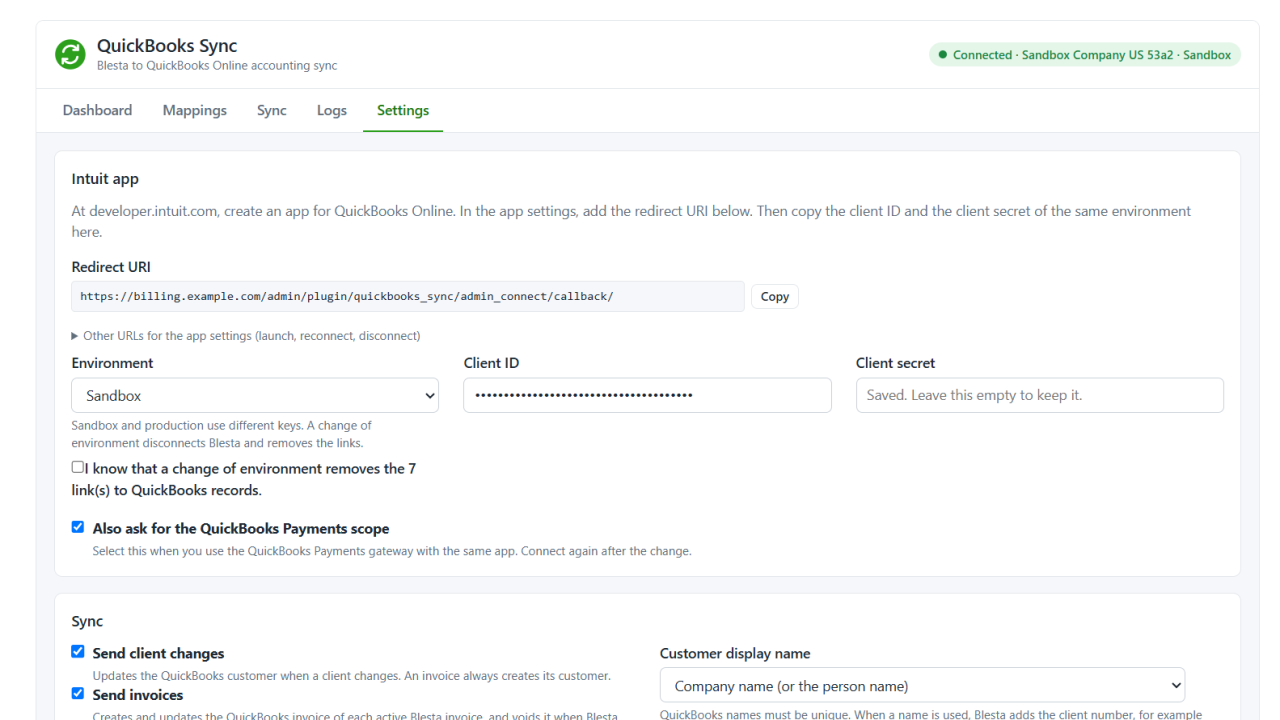 Intuit app credentials and sync options