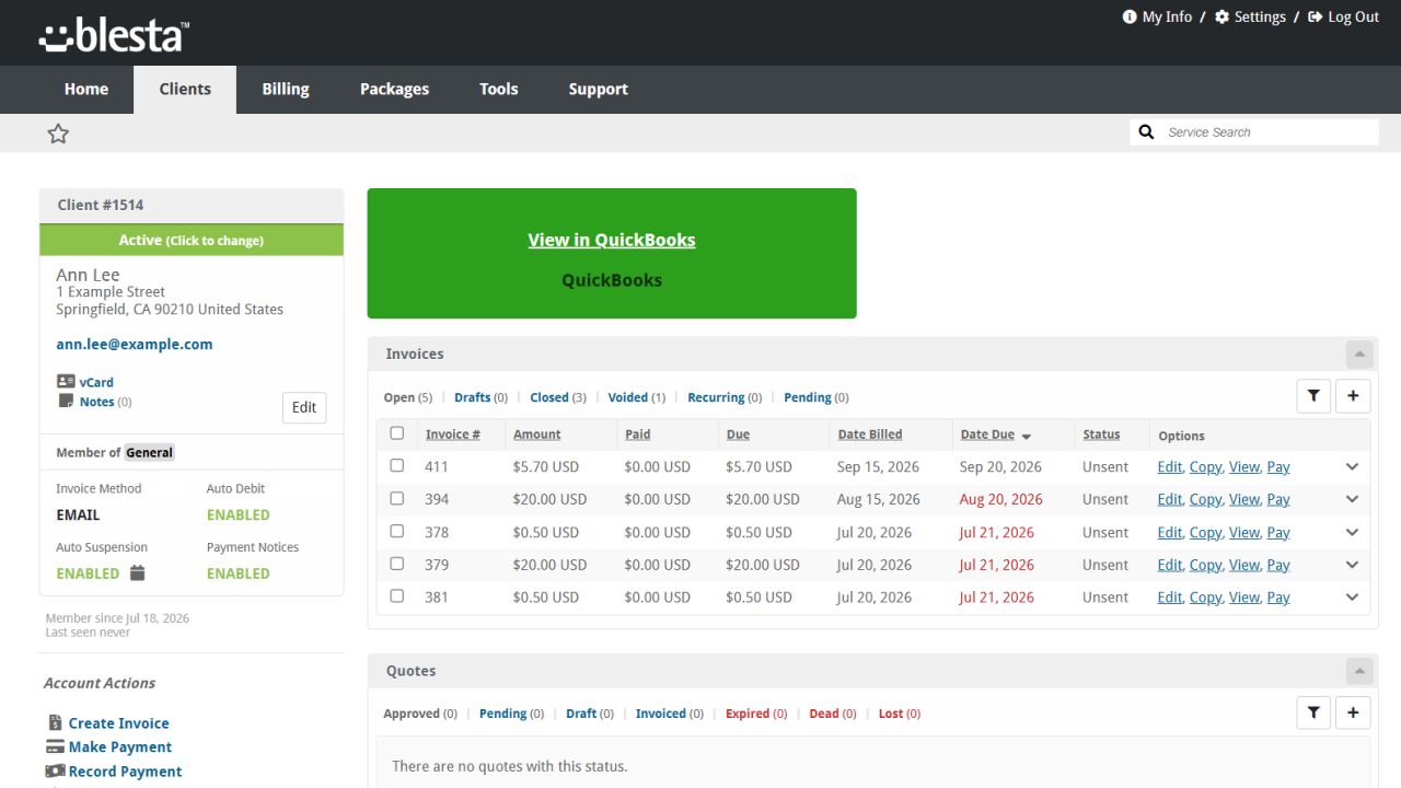 View in QuickBooks card on the client profile